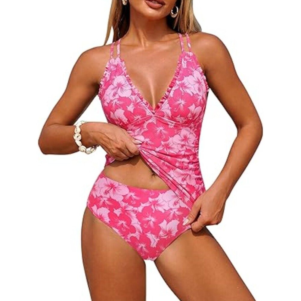 Women Tummy Control Swimsuits High Waisted Two Piece Tankinis Cute Retro XL